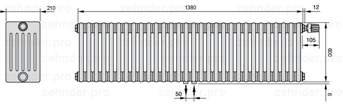 Схема (чертеж) Радиатор Zehnder Charleston 6060/30 №V008 Белый глянцевый RAL 9016
